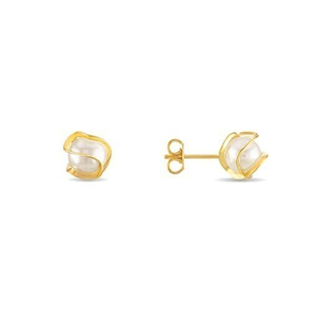 3371 18K Gold Plated Caged Pearl Stud Earrings, 6MM - Made In Brazil